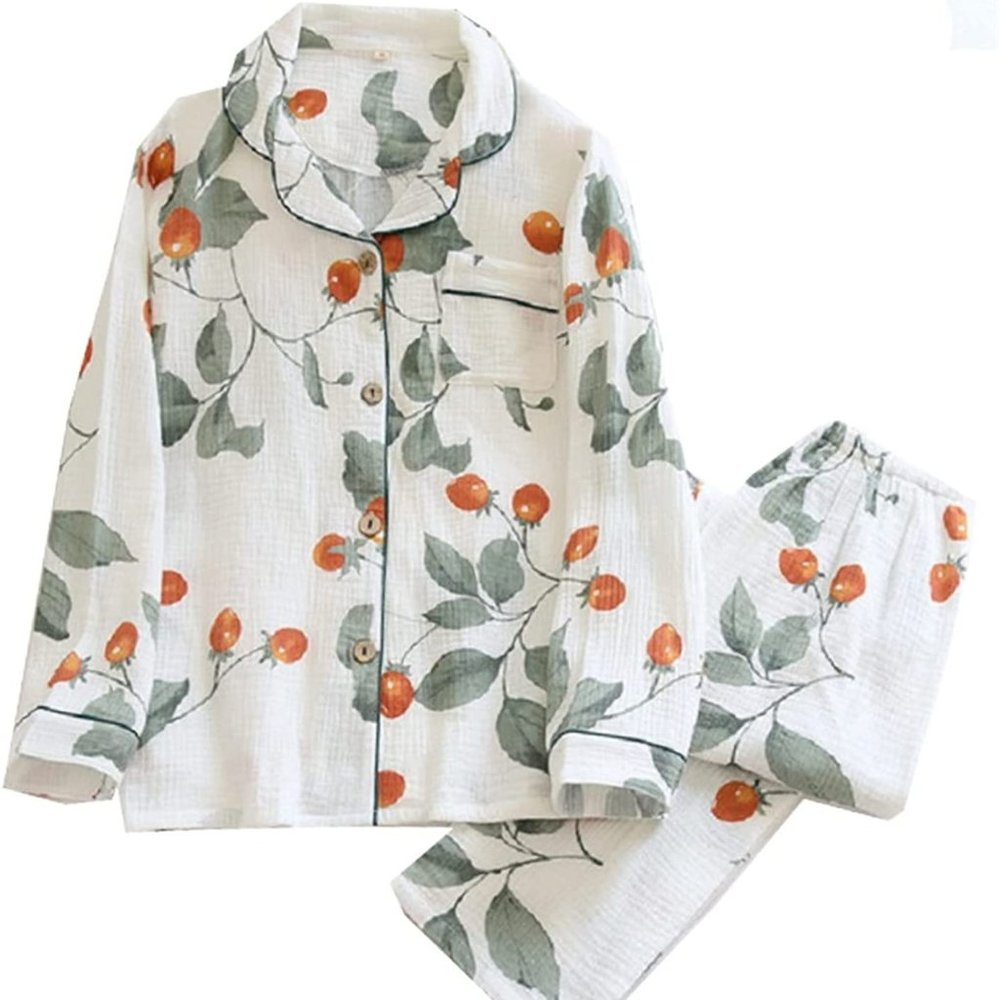 NWT Strawberry Print Crepe 100% Cotton Double-Layer Gauze Pajamas